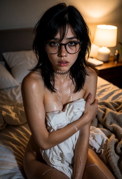 Location: cozy bedroom in the dim evening light, with soft shadows stretching across the disheveled bedding and the w…