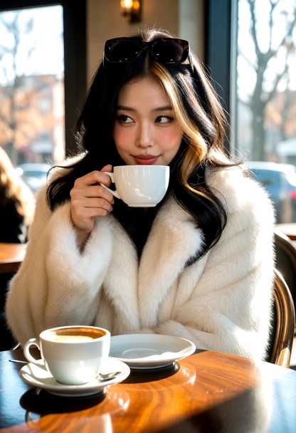 Location: a bright morning in a sun-drenched cafe interior, where warm sunlight streams through large glass windows a…