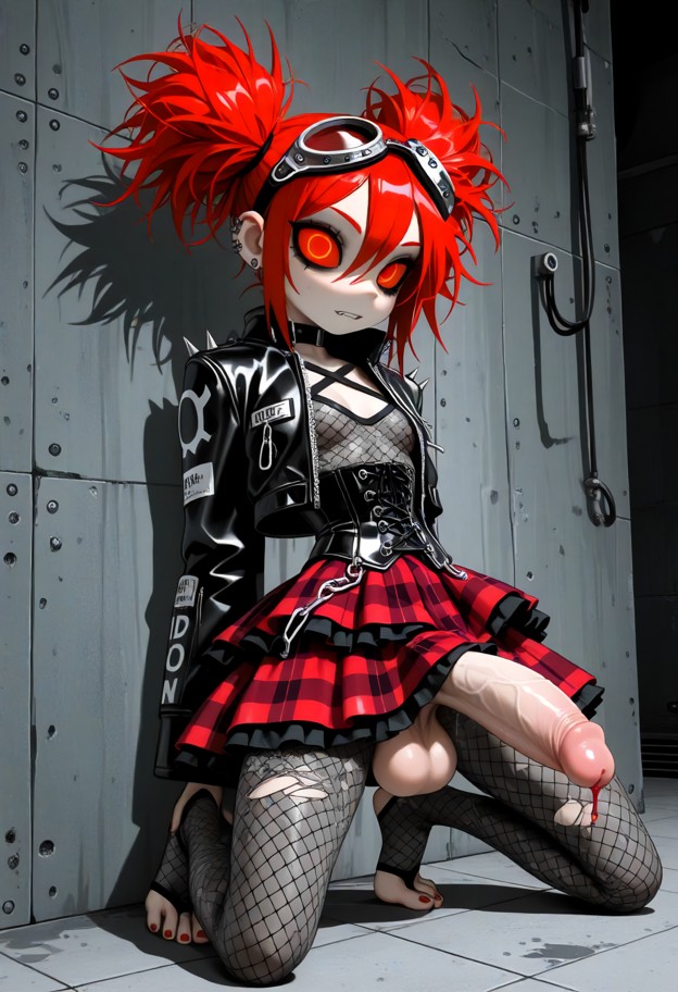 a full-length alternative fashion editorial photograph focusing on a woman wearing an ultra-complex goth-punk ensembl…