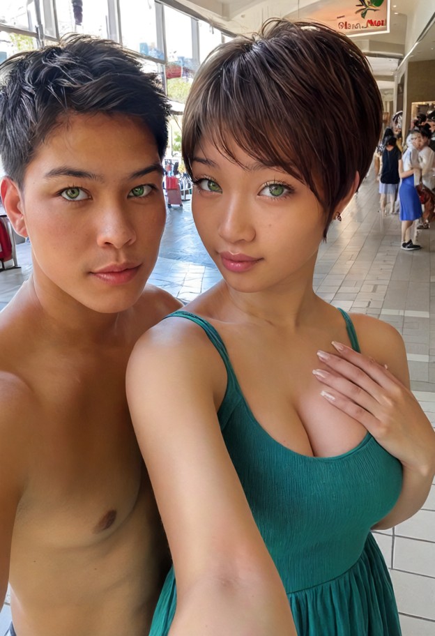 she is grabbing guy's arm,blue sundress,white sneakers,crowded mall entrance,tiled floor,glass storefronts,selfie clo…