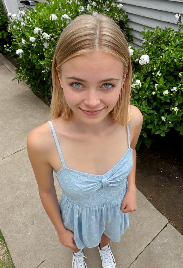 she is standing in driveway,light blue cotton sundress,small white flowers,white sneakers,driveway,suburban house,con…