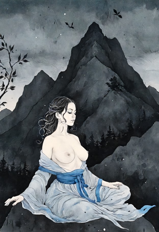 sumi-e ink wash painting style. a lone figure seated in deep meditation atop a jagged,minimalist mountain peak render…
