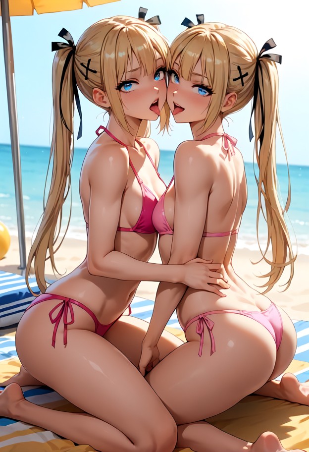`2girls,identical twins,kneeling on yellow beach blanket,ocean view,sunny,pink bikini bottoms,bare breasts,touching e…