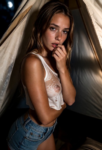 Location: inside a dim tent at night, with moonlight filtering softly through the canvas to create muted shadows and …