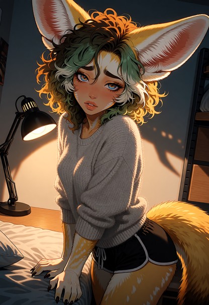 Location: a cozy dorm room during the evening, illuminated by the soft, warm glow of a desk lamp that casts gentle sh…