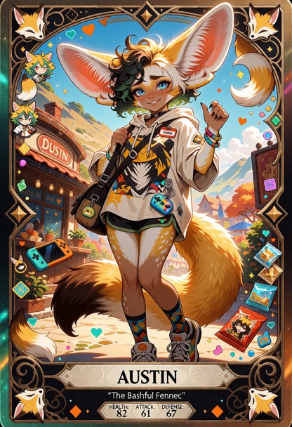Create a **premium fantasy trading card illustration** featuring **Austin**, an adult 27-year-old female Fennec-Fox/H…