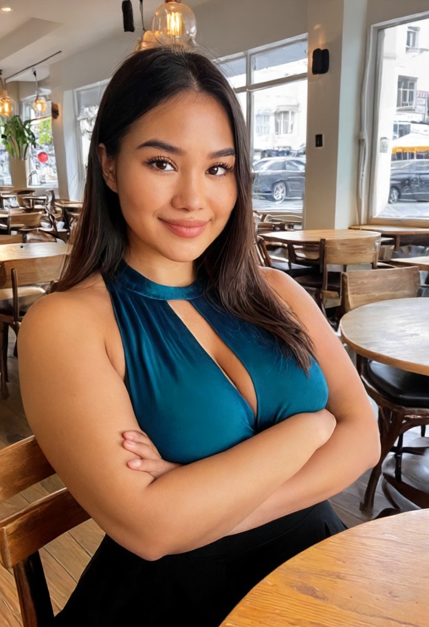 she is sitting on a wooden chair,arms crossed,smiling,blue silk blouse,black skirt,bright cafe,wooden tables,white wa…