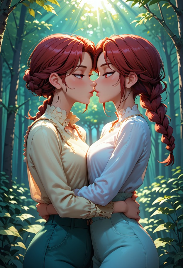 she is,kissing man,arms around neck,boobs,dense forest,behind large tree,dappled sunlight,medium shot,soft lighting