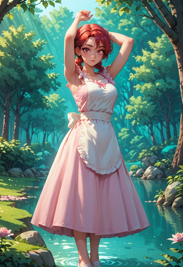 she is stretching her arms above her head,white apron,pink cotton dress,riverbank,green grass,flowing water,trees,sta…
