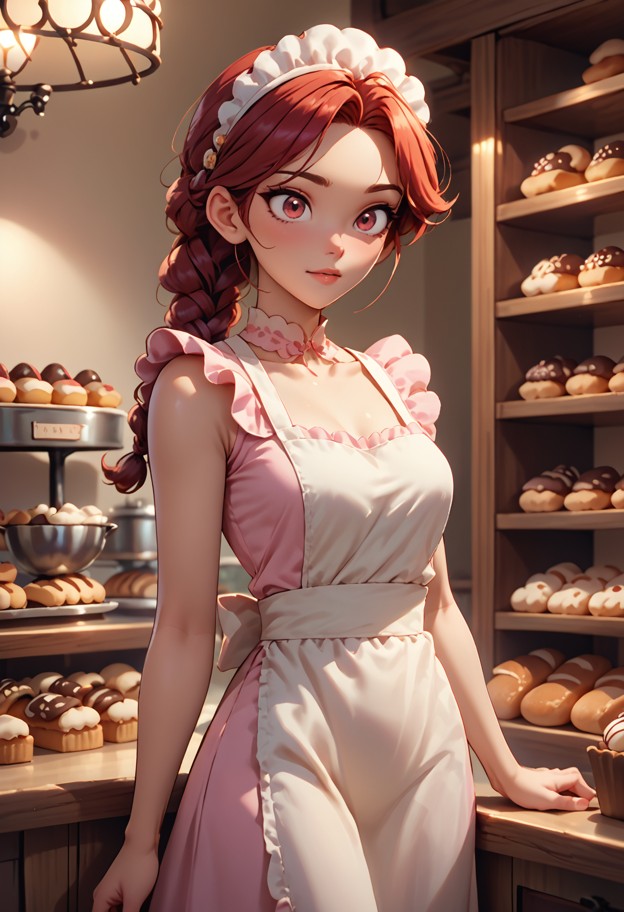 she is standing behind the wooden counter in a bakery,white apron,pink cotton dress,small bakery shop,wooden counters…