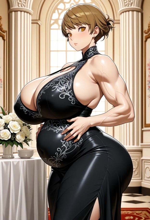 chie satonaka spins gracefully in a circle while touching her pregnant belly,fitted black silk dress,elegant wedding …