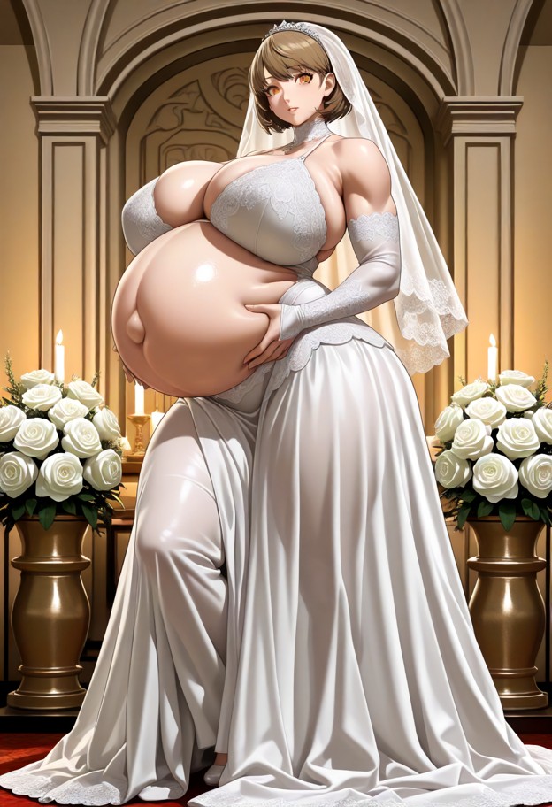 chie satonaka is gently caressing her large pregnant belly and smiling,white lace wedding gown,long silk veil,elegant…