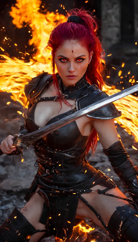 armarouge locked in combat with an equally matched warrior,swords crossed,flames erupting between them,sparks and hea…