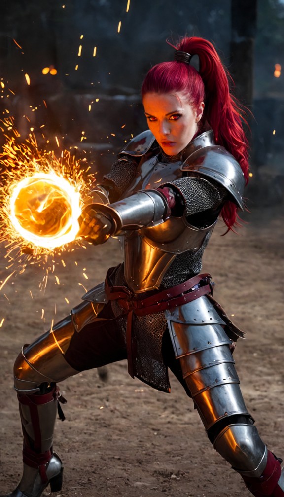 armarouge sparring with a knight in a fiery training yard,sparks flying,her armor glowing hot,intense combat,dynamic …
