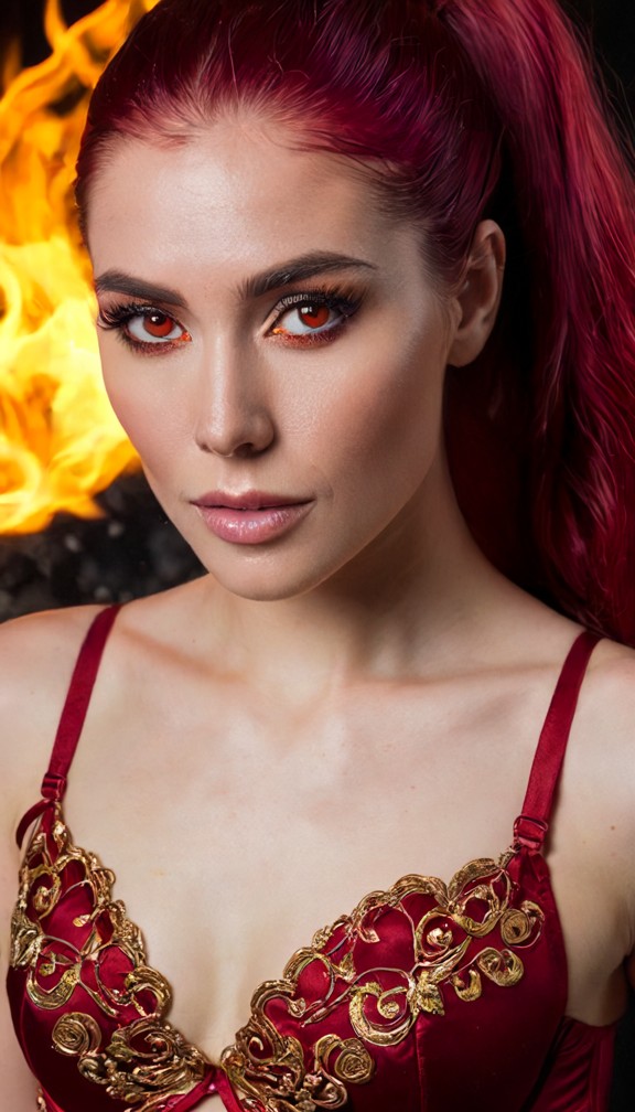 close-up editorial of a woman in deep red lingerie with gold filigree,glowing amber eyes,embers drifting in the air,f…