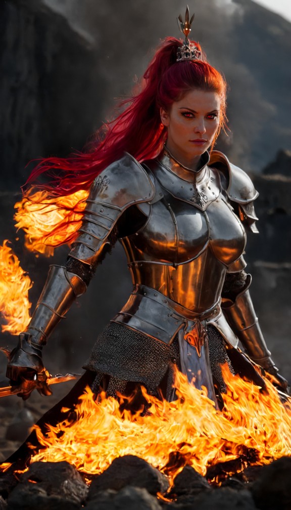 armarouge presiding over a grand tournament,knights battling below,her flame armor radiating,crown of fire,majestic a…
