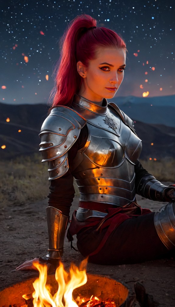 armarouge sitting by a campfire on a journey,armor dimmed to embers,quiet and contemplative,stars above,warm and inti…