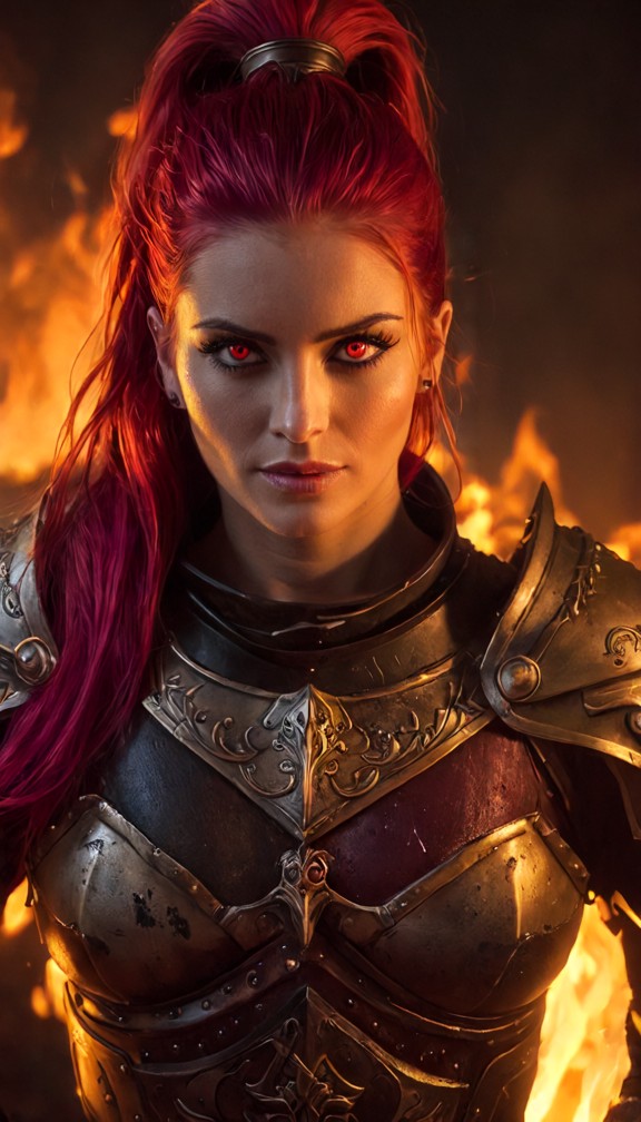 close-up of armarouge's fiery eyes glowing through her helm,embers drifting,red and gold armor detail,fierce and hope…