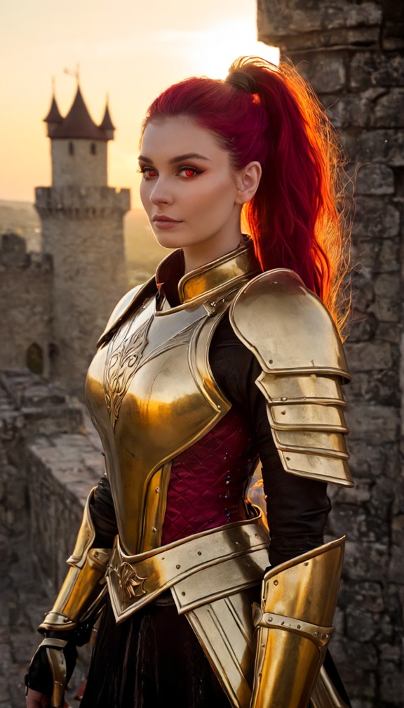 armarouge standing alone on a castle rampart at sunset,fire armor gleaming,gazing over her kingdom,longing and streng…