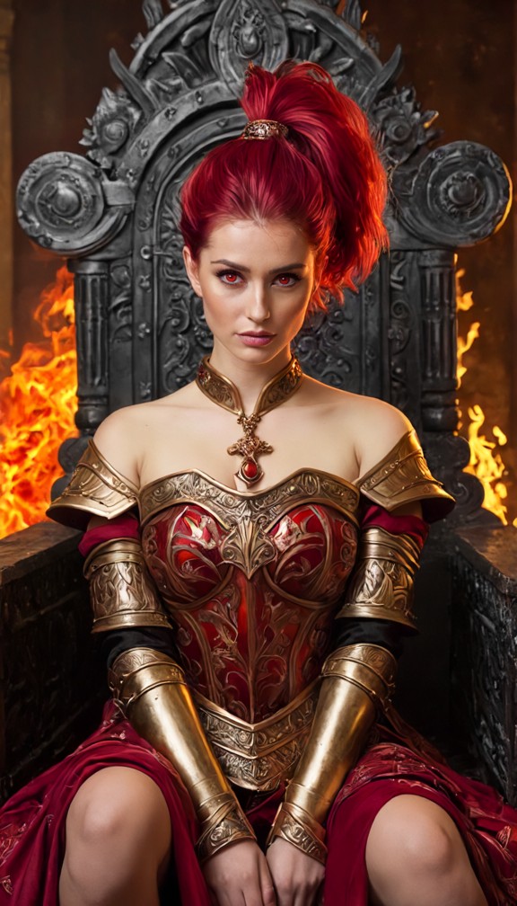 armarouge seated on a war throne,ornate red and gold armor,flame motifs,royal court behind her,declaring she seeks a …