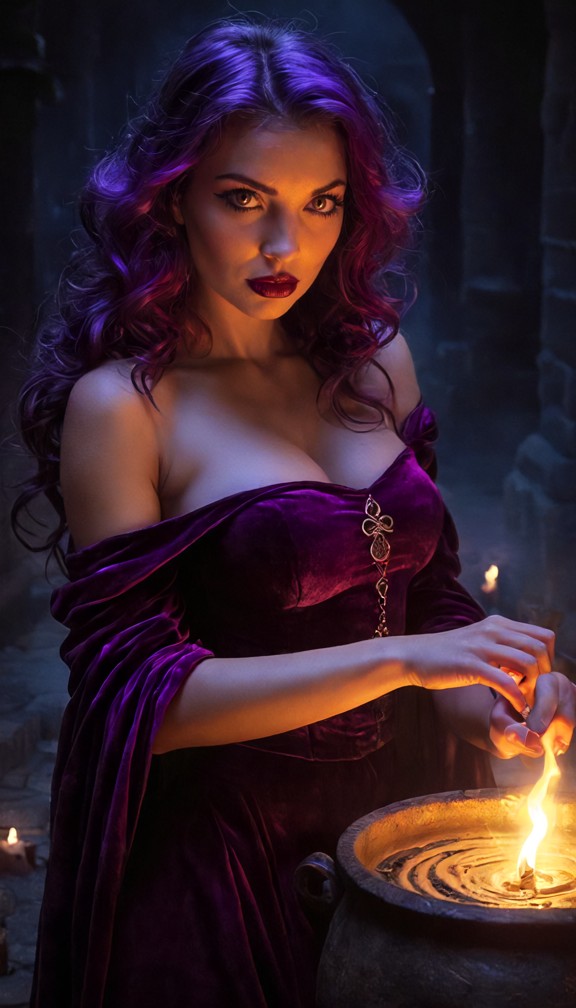 witch with raven hair standing over a bubbling cauldron,hands glowing with faint purple magic,mischievous calculating…