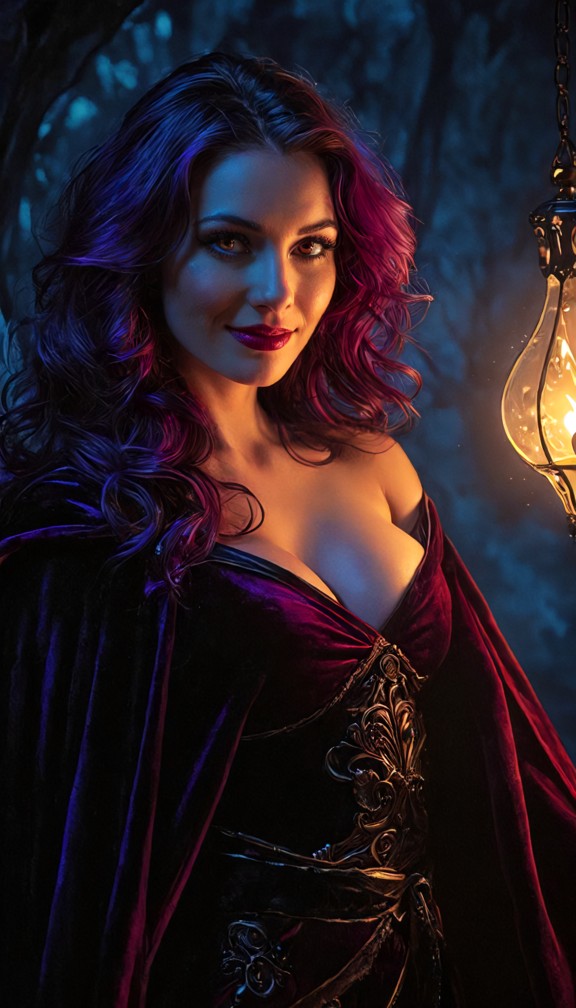 morgana leaning close with a captivating smile,faint magical shimmer in the air around her,a man visibly entranced be…