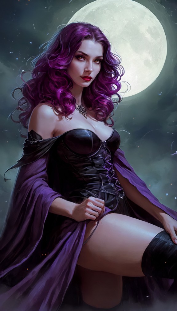 witch standing behind the seated man,hands hovering near his shoulders with faint purple magic threading through the …