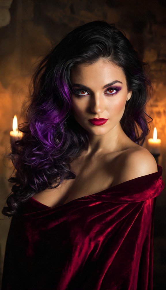 close-up of morgana's face,sharp violet eyes,sly knowing smirk,dark hair falling loosely around her shoulders,dramati…