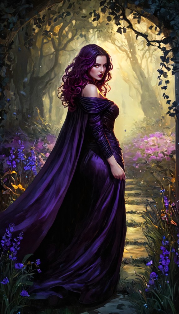 morgana strolling through a shadowy enchanted garden filled with glowing purple flowers,confident sly stride,flowing …