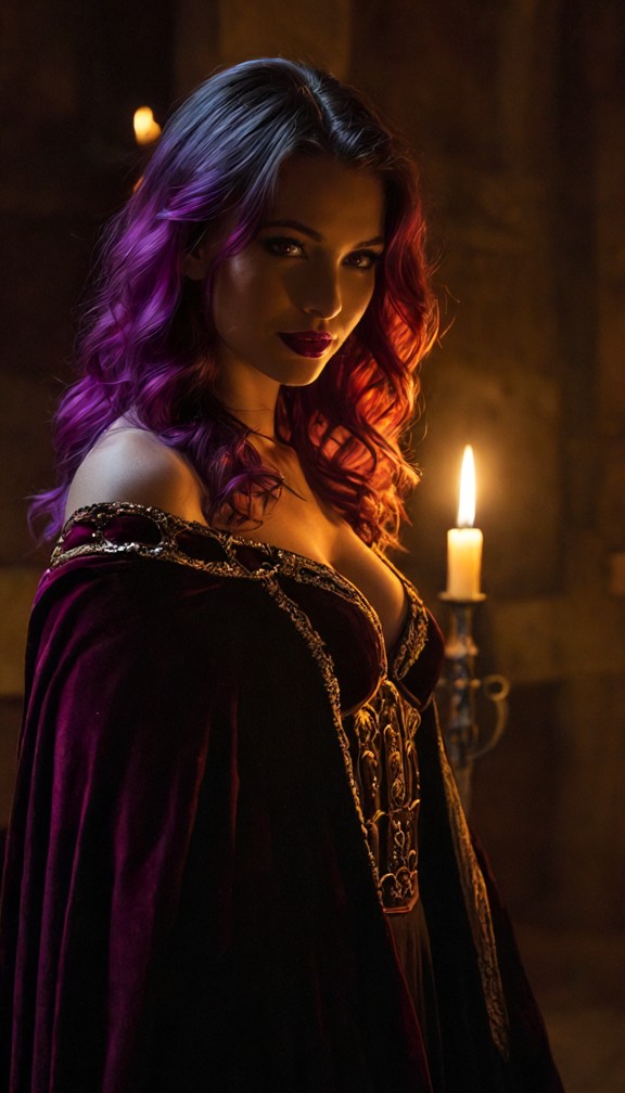 morgana standing triumphant in a dimly lit chamber,satisfied knowing smile,faint magical residue glowing around her,d…