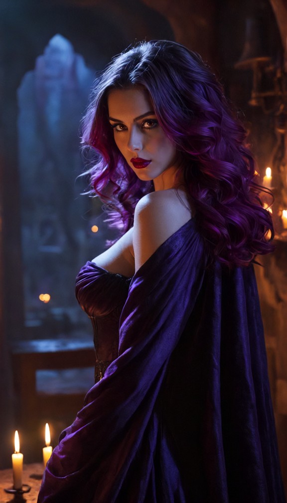 morgana vale watching a man from across a candlelit tavern,calculating sly expression,dark violet gown,subtle magical…
