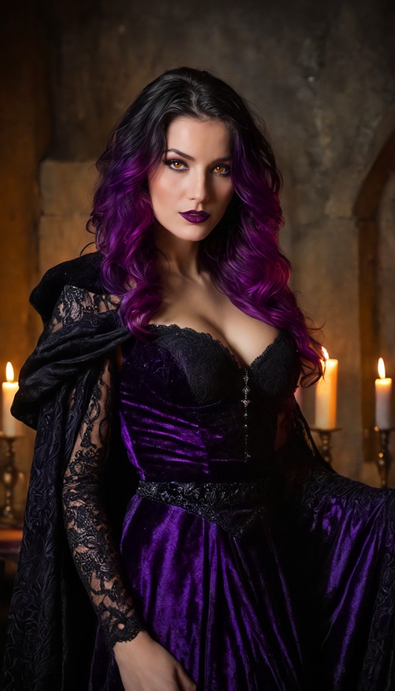 morgana vale,a striking witch with long raven-black hair and piercing violet eyes,wearing a fitted black-and-deep-pur…
