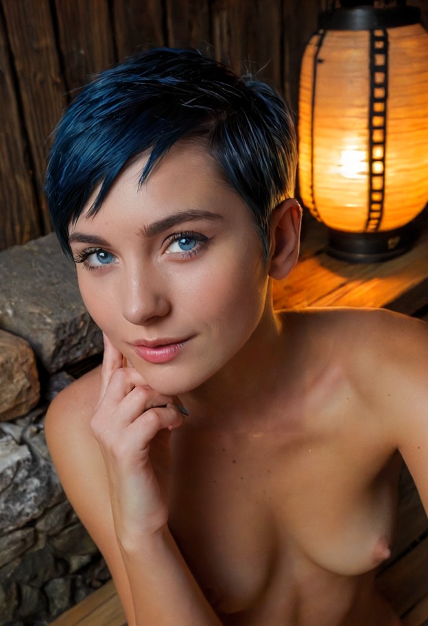marie lily leans in close toward the viewer's ear and caresses viewer's cheek,naked,boobs,steaming private hot spring…