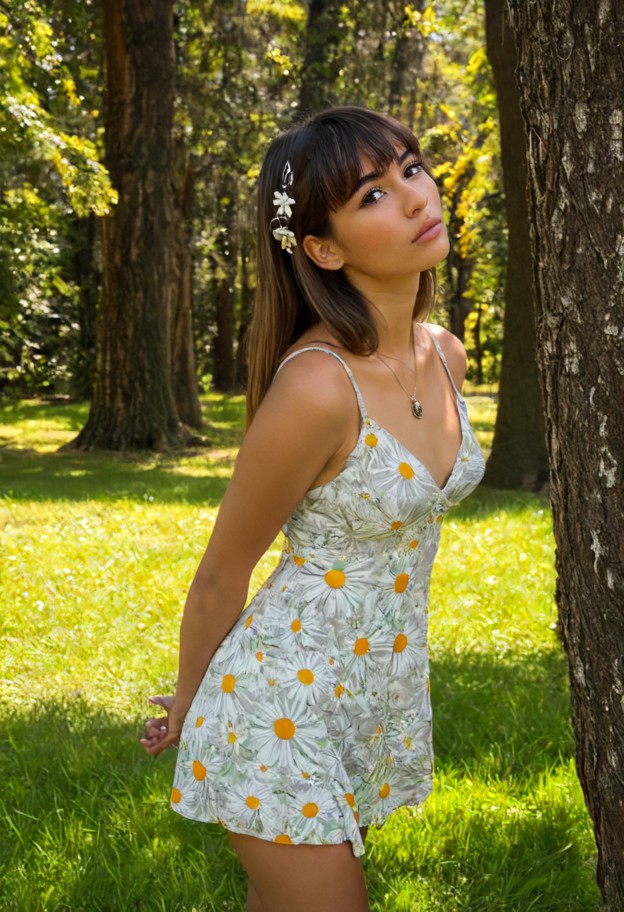 ana is about to kiss,she is,solo,floral print sundress,forest,large trees,green grass,dappled shadows,medium shot,sof…