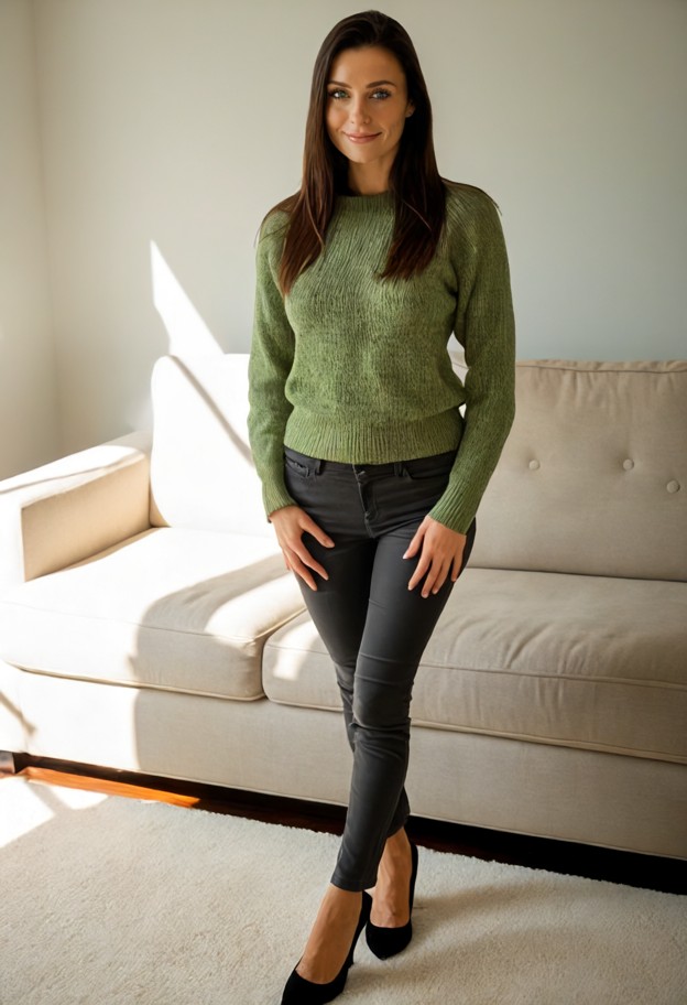1girl,standing,green sweater,dark trousers,pumps,flirty,subtle smile,direct gaze,soft expression,waist-up shot,natura…