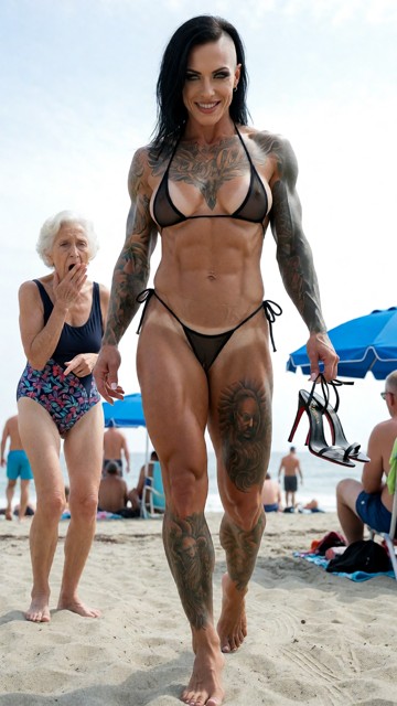 front view from below. It is a very sunny day. Sandra is walking on the beach, she is walking seductively on the crow…
