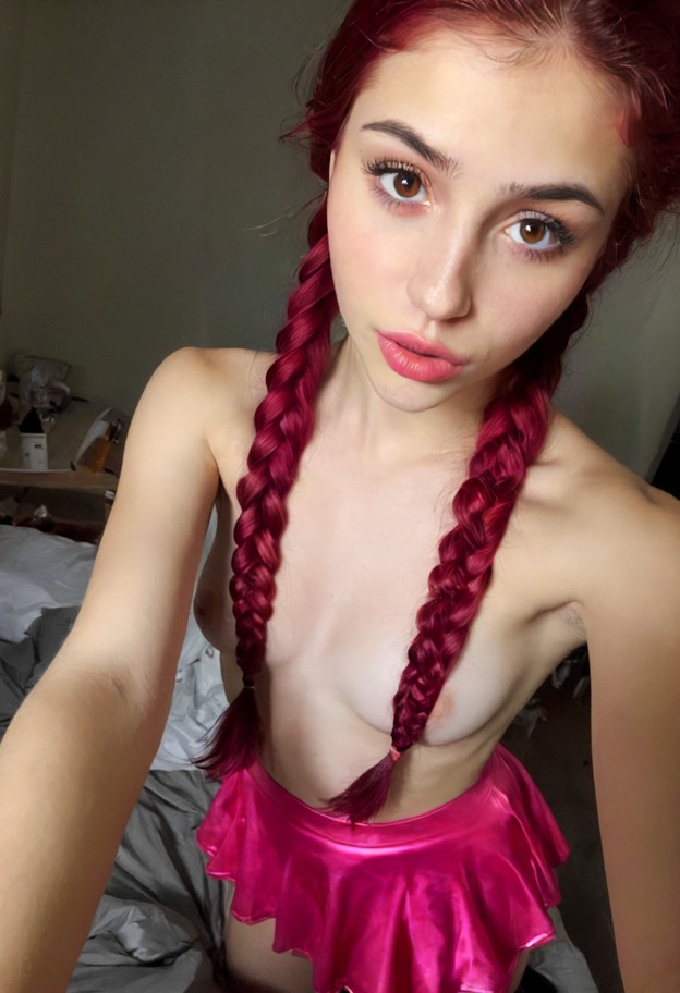 she is moving her hips,pink skirt,messy bed,dim bedroom,selfie closeup,dim lighting