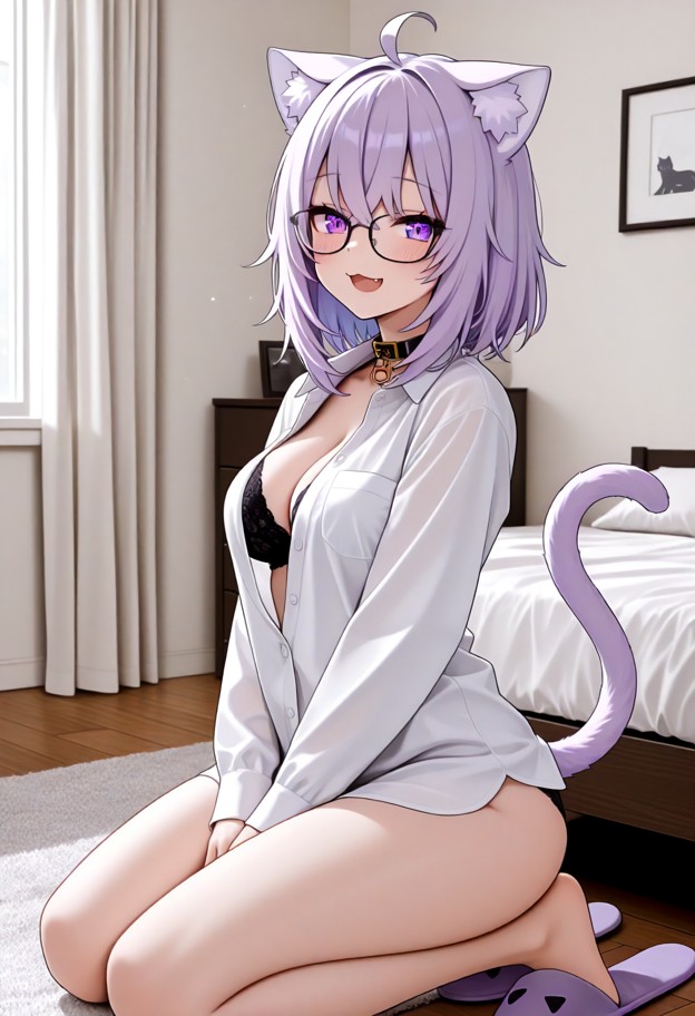 she is wearing a white button-up dress shirt and black bra,white button-up shirt,black bra,glasses,slippers,indoor,be…