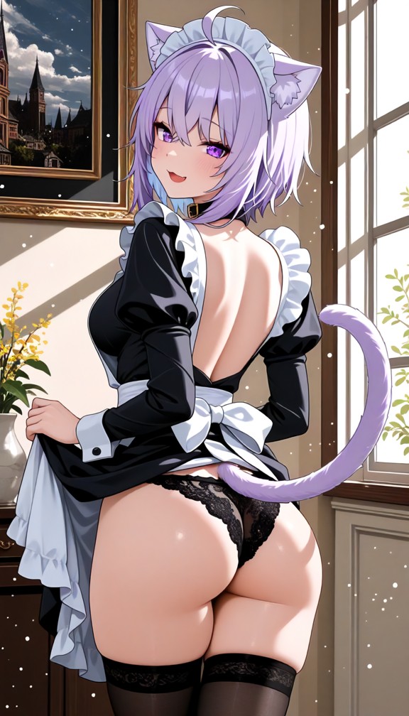 1girl,underwear,panties,ass,breasts,maid,thighhighs,black_panties,solo,maid_headdress,enmaided,indoors,clothes_lift,p…