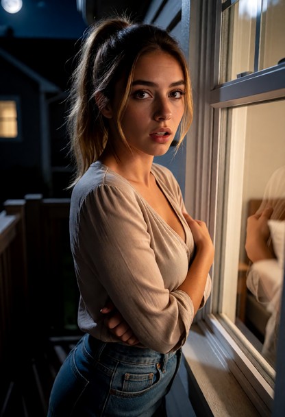 Location: late night outside a bedroom window where dim moonlight and warm indoor light from the room spill out into …
