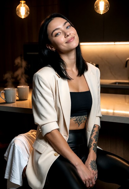 Location: dim professional office kitchen during twilight, the warm amber light from the small overhead lamp reflecti…