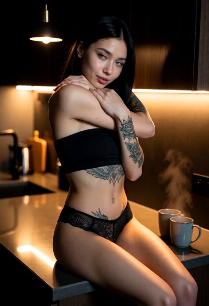 Location: dim professional office kitchen during twilight, the warm amber light from the small overhead lamp reflecti…