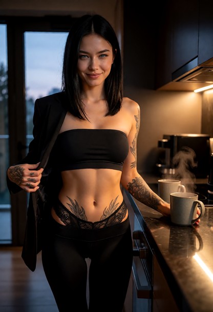 Location: dim professional office kitchen during twilight, the warm amber light from the small overhead lamp reflecti…