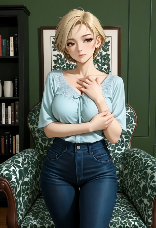 1girl standing,light blue cotton blouse,dark wash denim jeans,dimly lit living room,muted green walls,floral patterne…
