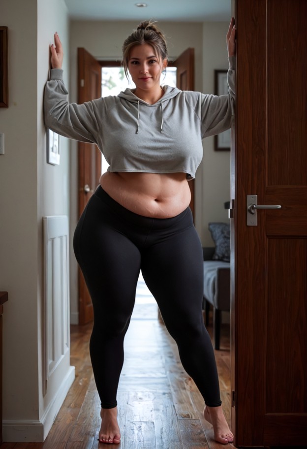mia stands in the doorway,oversized grey cotton hoodie,tight black spandex leggings,dimly lit house doorway,night,por…