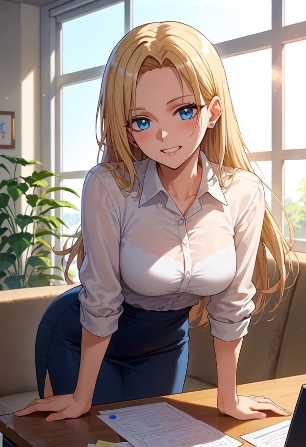 she is is sitting on a couch leaning forward,white silk blouse,black pencil skirt,psychologist office,beige couch,woo…