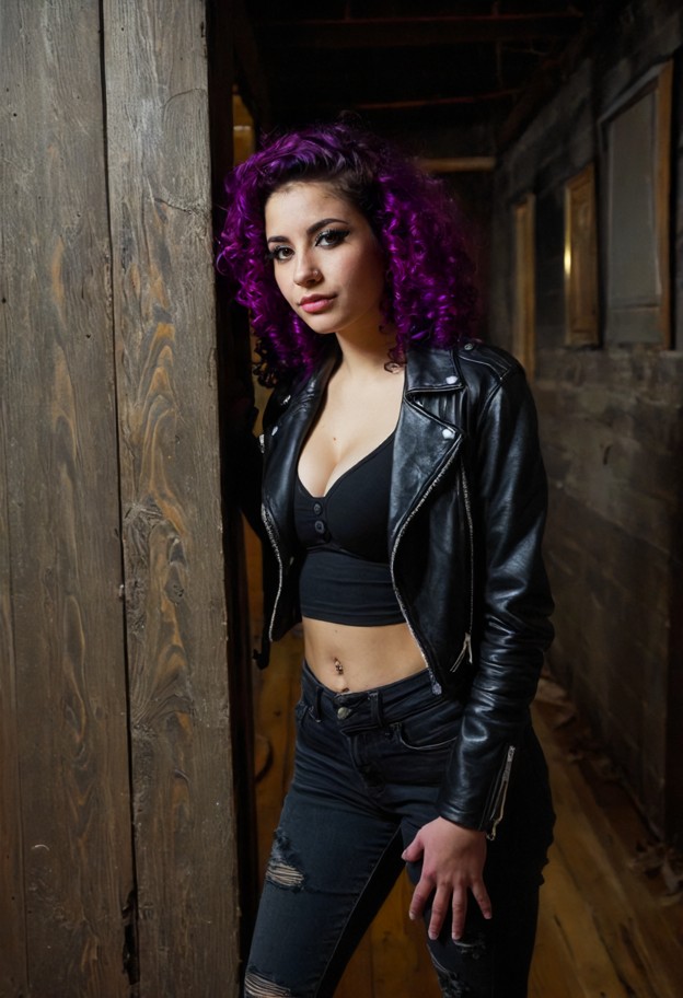 she is is leaning against the wall,black leather jacket,dark denim jeans,button undone,abandoned house,broken furnitu…