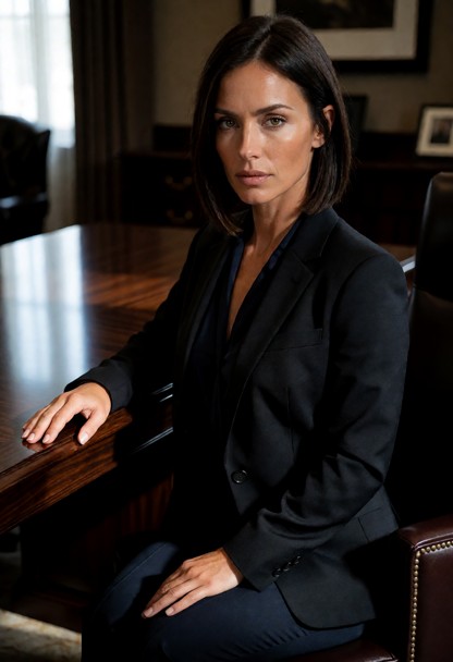 Location: a sophisticated, dimly lit office with polished dark wood surfaces, leather accents, and soft ambient light…