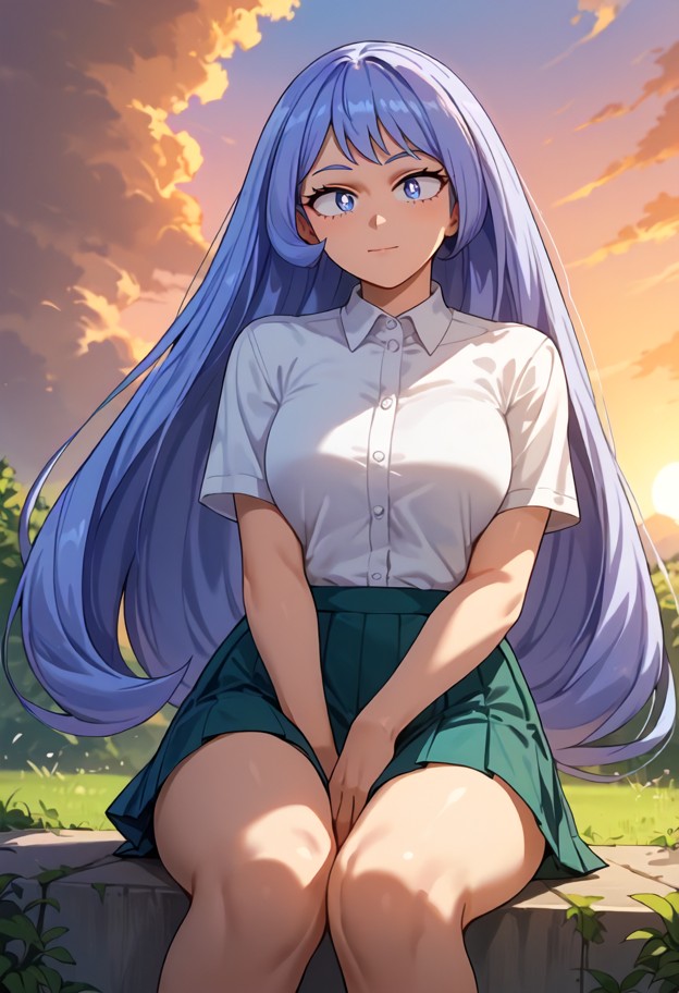 she is is sitting on the ground,white shirt,blue pleated skirt,outdoor training ground,metal fences,sunset,orange and…