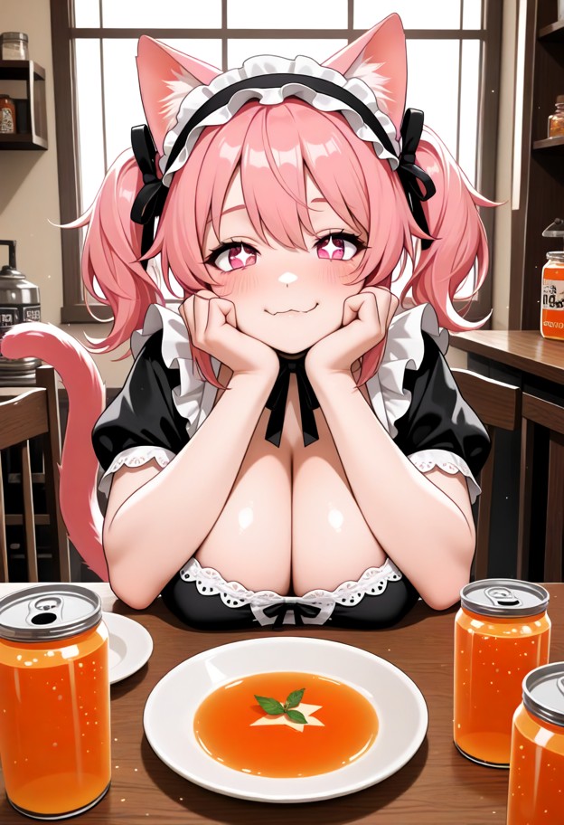 1girl,solo,sitting at dining table resting chin on hands with proud smile and tail swaying,frilly white maid apron ov…